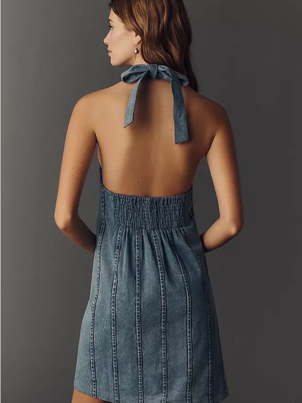 Maeve Denim Halter Shift Dress with White Floral Embroidery - Blue - Picture 2 of 4